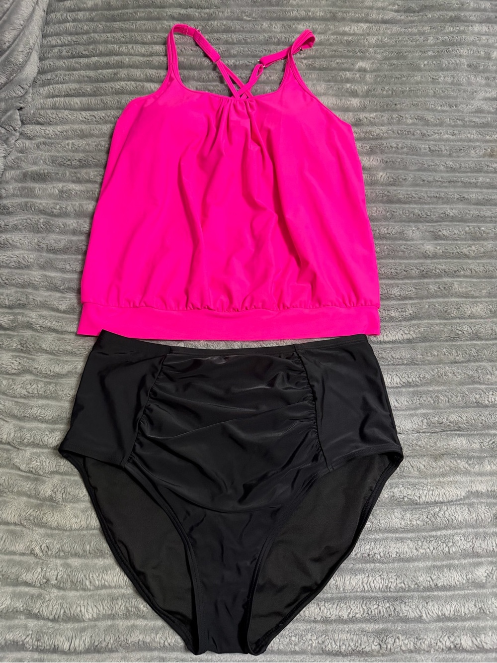 Hot Pink Tankini Top with Black High-Waist Bottoms